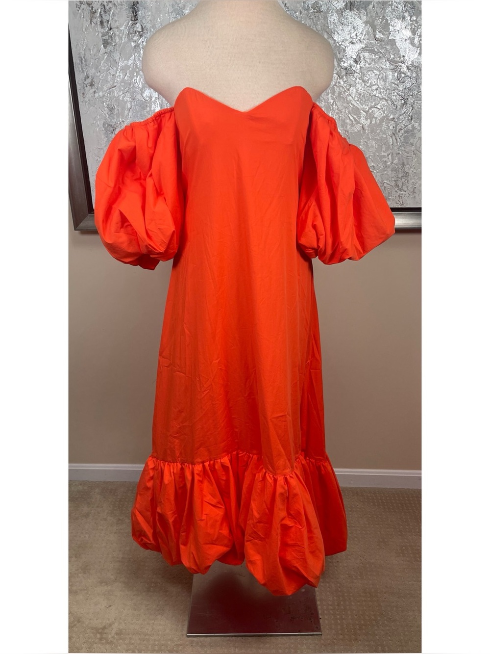 CAROLINE CONSTAS Lucia Off the Shoulder Puff Sleeve Ruffle Hem Orange Maxi Sz L - Picture 3 of 8